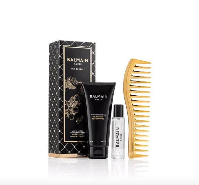 BAL-8720791755270_balmain-homme-styling-set BALMAIN Homme Styling Set (Styling Gel Medium 100ml, Homme Hair Perfume 15ml, Golden 14K Gold Styling Comb) – stilizavimo rinkinys vyrams - Paveikslėlis 1